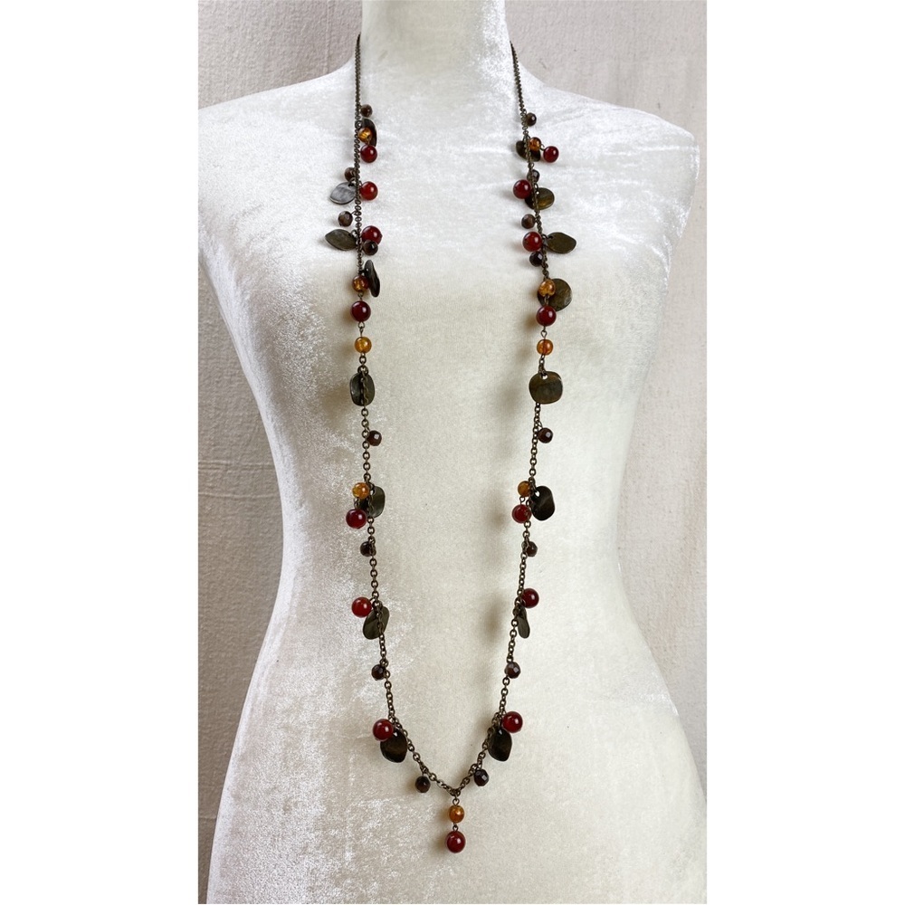Fossil Long Antiqued gold tone Necklace with fall colored beads
